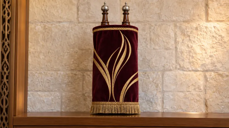 ספר תורה סגור במעיל קטיפה בורדו עם רקמה זהובה, עומד על מדף עץ מול קיר אבן